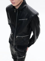 Black Slim Fit Zip-Collar Leather Jacket