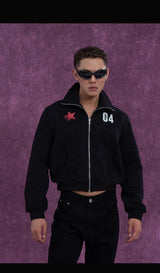 Gray Black Digital Print Zip Jacket