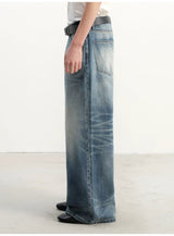 Grey Blue Distressed Wide Leg Jeans
