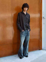 Blue Gray Washed Straight Loose Jeans