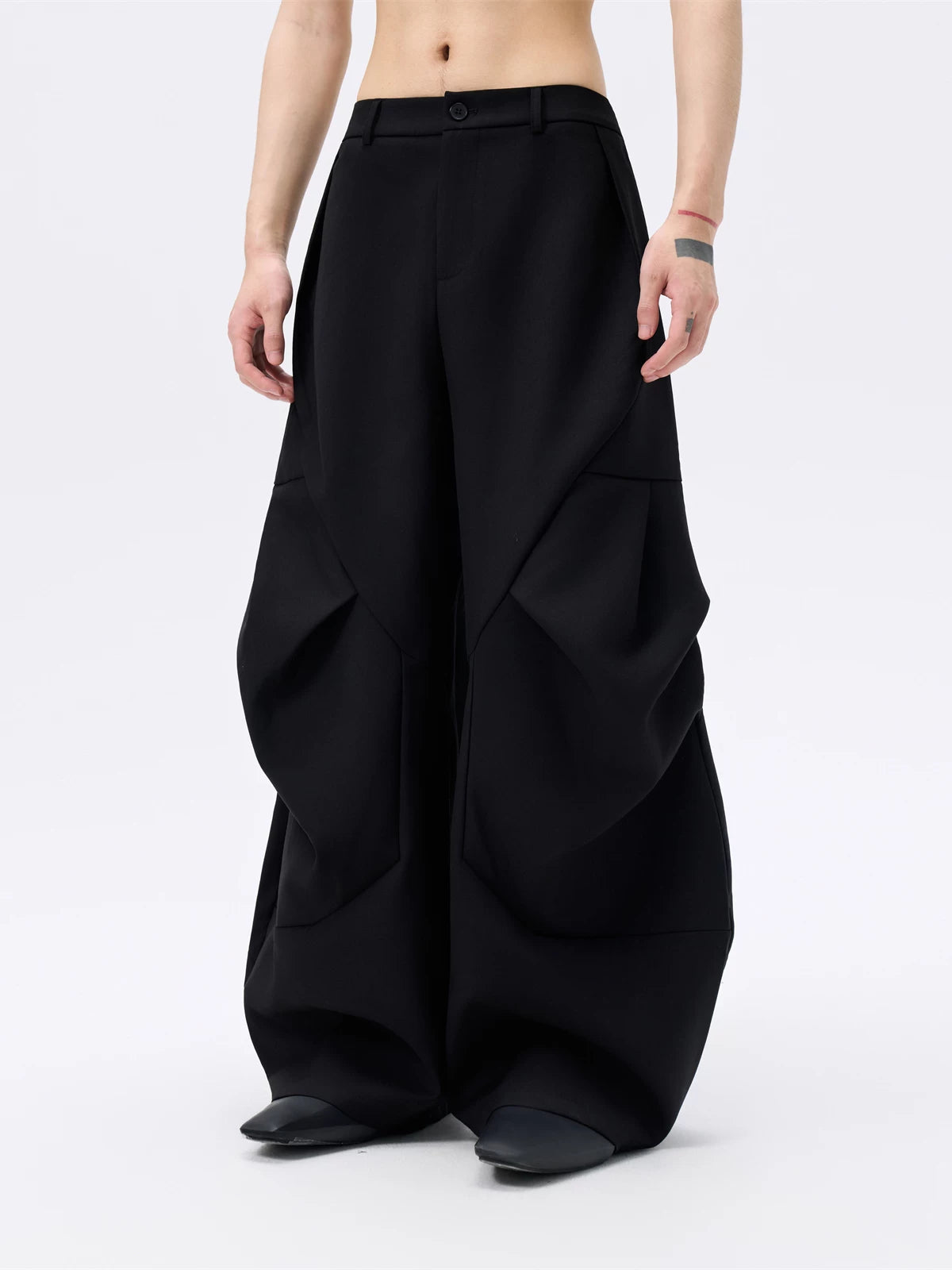 Casual Curved Pleated Wide Leg Pants