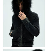 Washed Detachable Fur Zip Hoodie