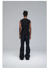 Stretchy Black Printed Ribbed Tank Top