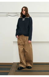 Color Block Collar Waffle Knit Sweater