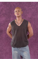 Ash Beige Double V-Neck Knit-Mesh Vest