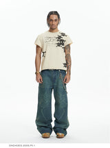 Vintage Washed Distressed Slub Flare Jeans