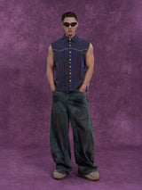 Men's Plaid Striped Patchwork Rivet Vest