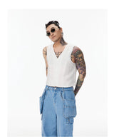 White Cropped V-neck Tencel Vest Unisex