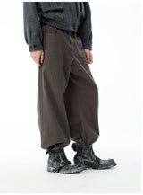 Faded Washed Pleated Straight Jeans