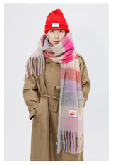 Fringed Rainbow Plaid Faux Cashmere Scarf