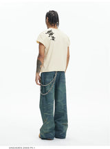 Vintage Washed Distressed Slub Flare Jeans