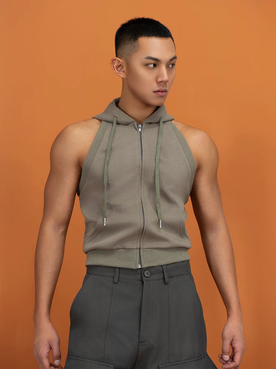 Sage Green Backless Hooded Zip Vest