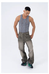 Men's Gray Vintage Distressed Wide-Leg Jeans