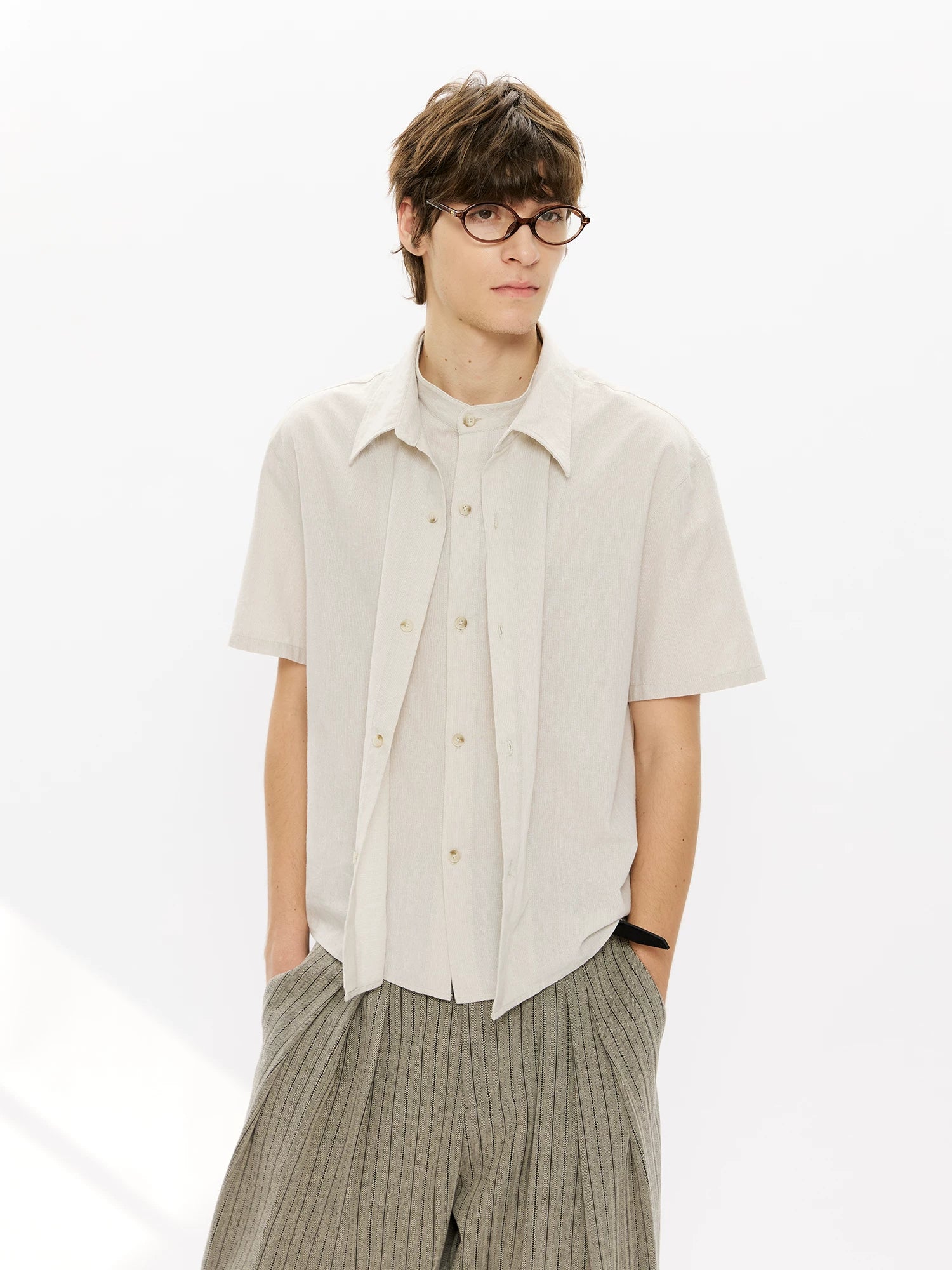 Men's Double-layered Short-sleeved Plaid Linen Shirt