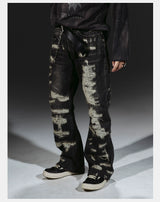 Heavyweight Distressed Embroidered Patchwork Flared Jeans