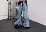 Double Waistband Drawstring Washed Blue Jeans