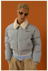 Cropped Collared Faux Shearling Puffer Coat