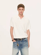 Wheat Jacquard V-Neck Knit Polo Tee