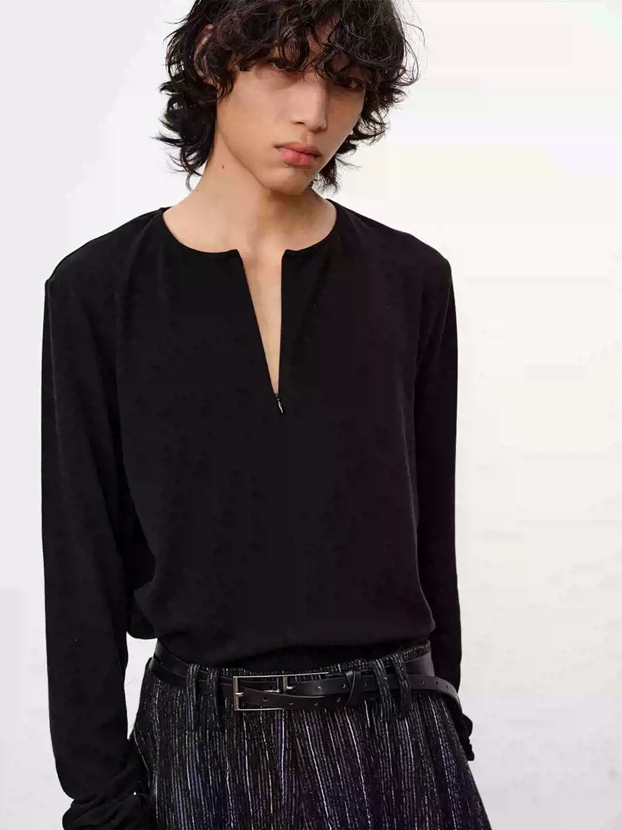 Hidden Half-zip Long-sleeve Crew Neck Top