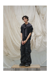 Washed Pleated Adjustable Strap Parachute Pants
