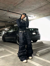 Studded Pleated Raw Lumberjack Denim Jeans