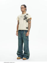 Vintage Washed Distressed Slub Flare Jeans