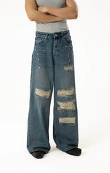Men's Blue Distressed Riveted Straight Jeans