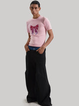 Black Patchwork Wide Leg Floor-Length Pants