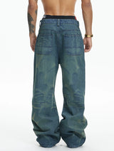 Vintage Washed Distressed Slub Flare Jeans