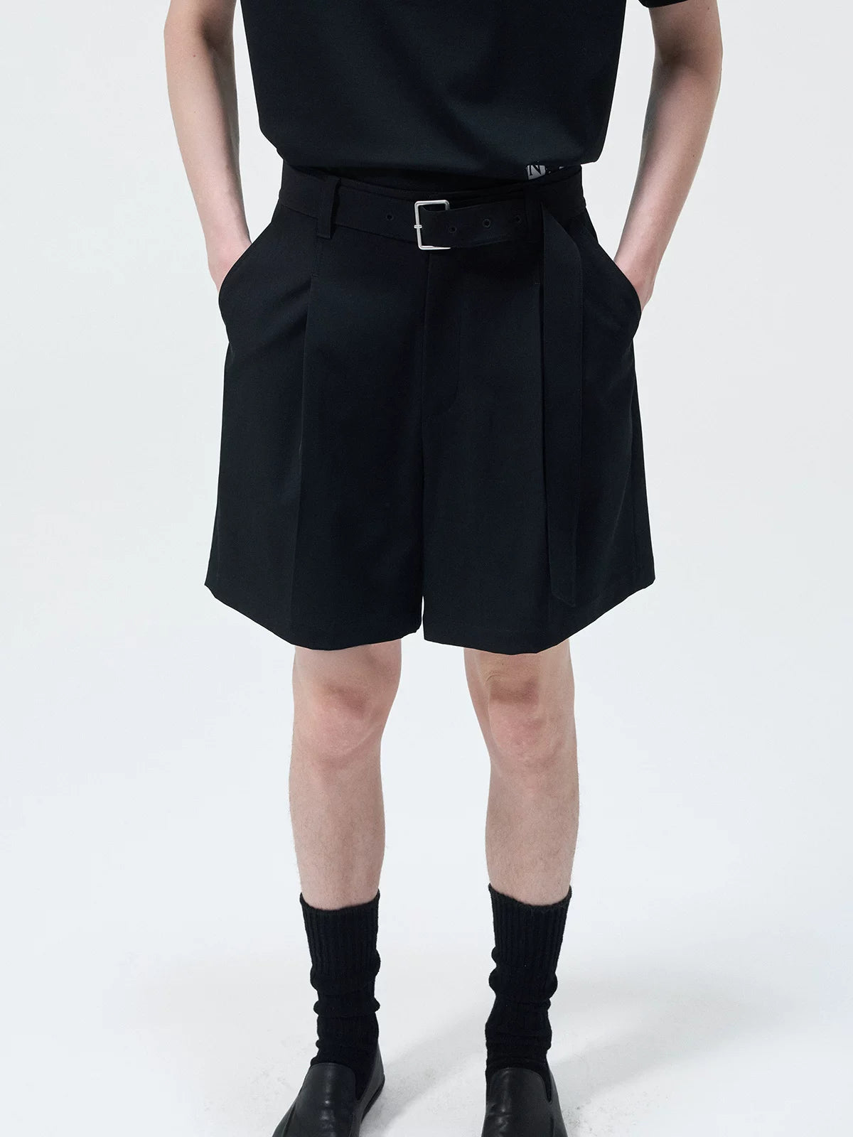 Triacetate Blend Belted Pleated Suit Shorts