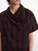 Pleated Cross Collar Plaid Tee