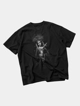Washed Black Printed Cotton Loose T-Shirt
