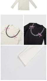 Stretchy Long-sleeve Bow Chain Print Top