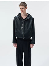 Cropped Lambskin PU Hooded Kangaroo Jacket