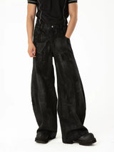 Men's Loose Distressed Black Curved Jeans