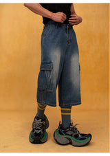 Men's Blue Relaxed Cargo Cropped Jeans