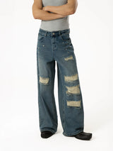 Men's Blue Distressed Riveted Straight Jeans