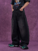 Men's Faded Black Curved Wide Jeans