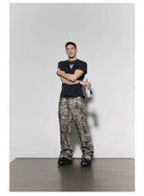 Rugged Distressed Camo Flare Cargo Pants