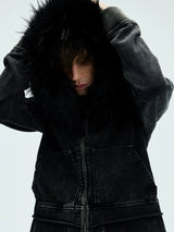 Washed Detachable Fur Zip Hoodie