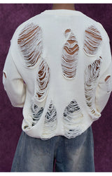 Black White Ripped Cutout Knit Sweater