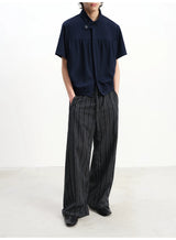 Navy Blue Pleated Short Sleeve Shirt