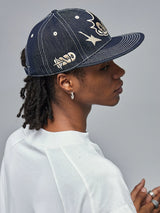 Embroidered Flat-Brim Denim Baseball Cap
