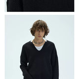 V-Neck Three-Color Waffle Lace Knit Sweater