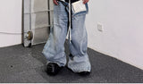 Double Waistband Drawstring Washed Blue Jeans