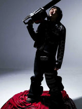 Black Distressed Riveted Fleece Shearling Jacket