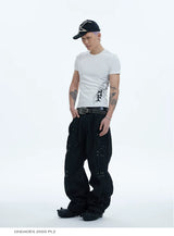 Asymmetric Pleated Studded Raw Denim Jeans
