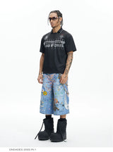 American Street Cartoon Printed Denim Shorts