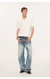 Wheat Jacquard V-Neck Knit Polo Tee