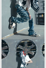 Blue Washed Distressed Flared Denim Pants